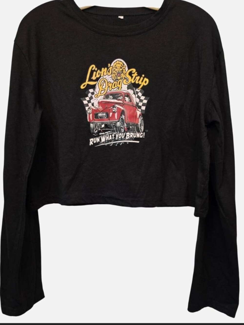 Graphic Long Sleeve Black Cropped T-shirt. "Lion's Drag Strip" Graphic Tee